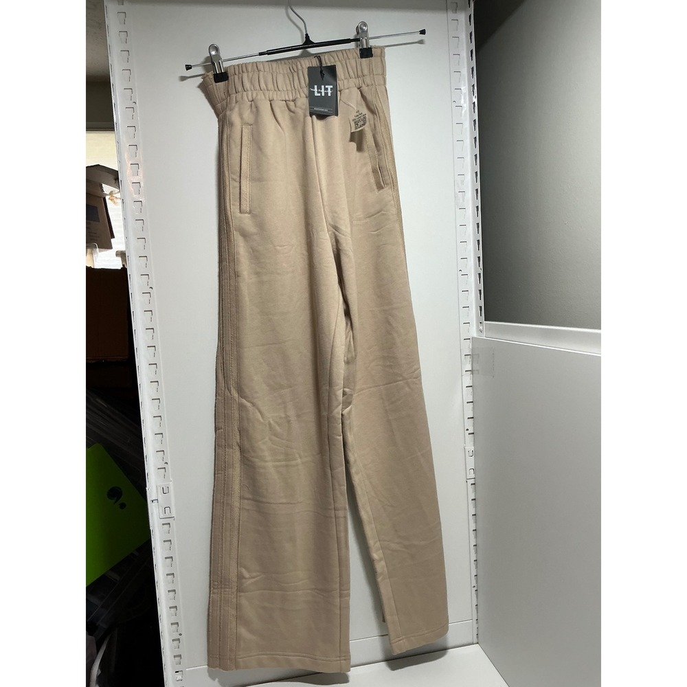 LIT Activewear Women Tan Beige Wide Leg Sweatpants High Waist Side Stripe Small
